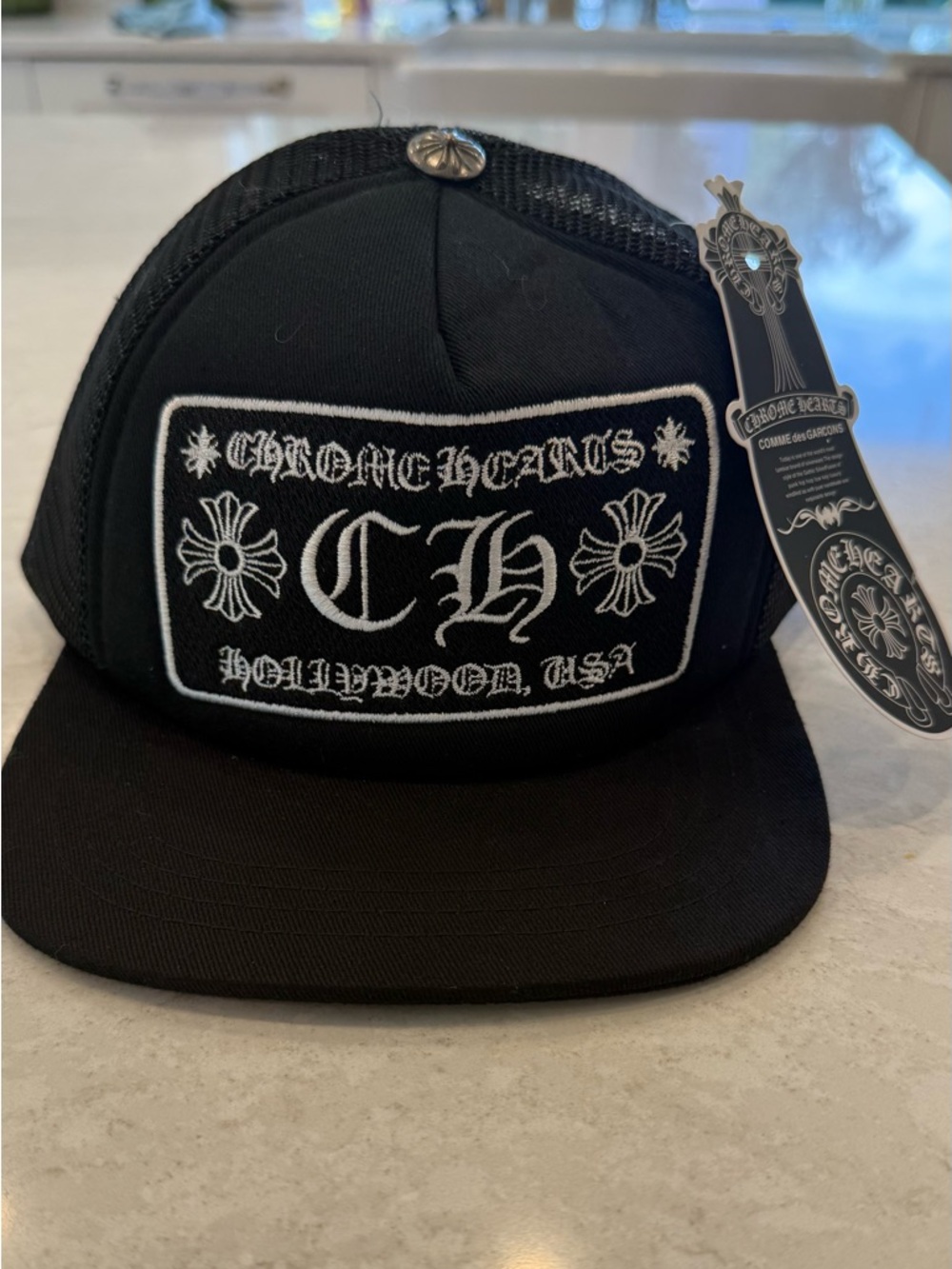 Chrome Hearts Black Hat with White Embroidered Patch